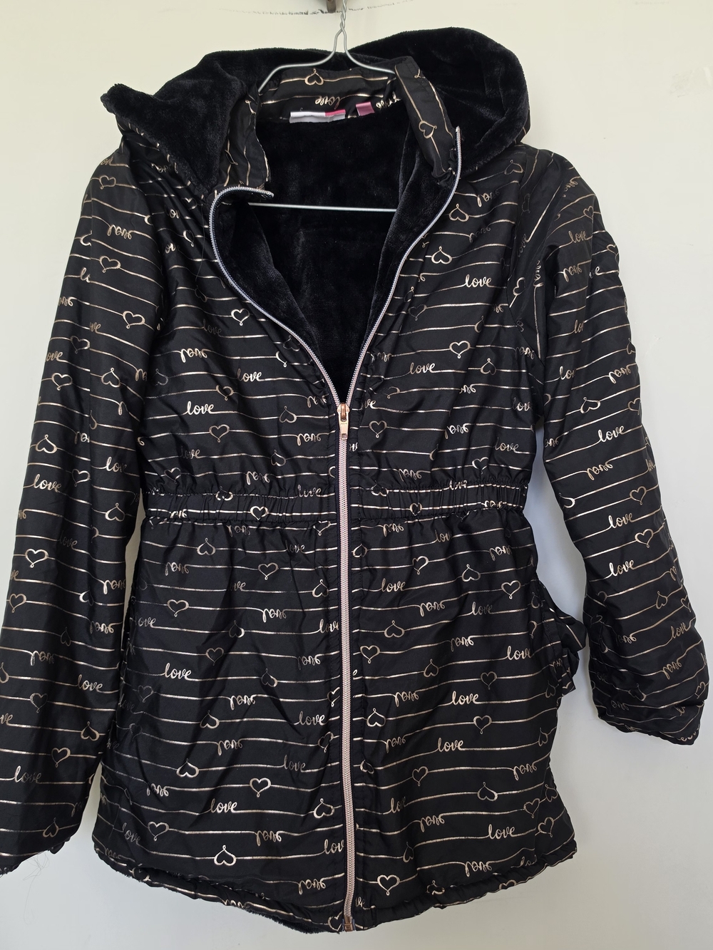 Penelope Mack Black Hooded Puffer Jacket with Gold Heart & Love Print